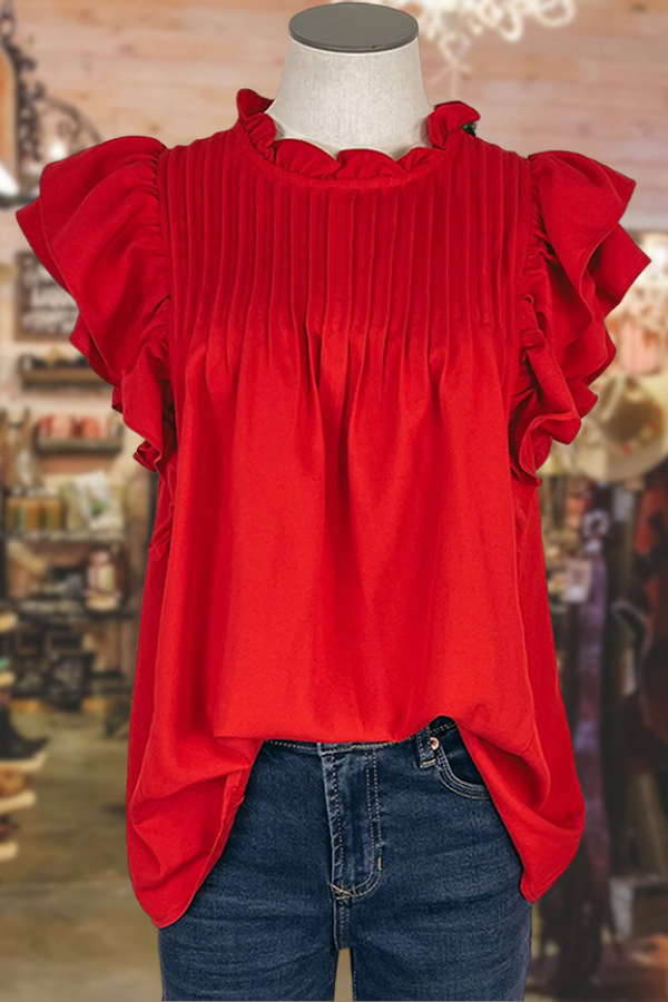 Pleated Double Ruffle Sleeve Shirt