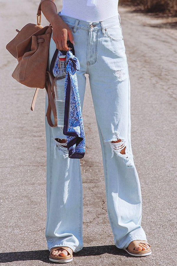 High Waist Denim Hose mit Löchern Washed