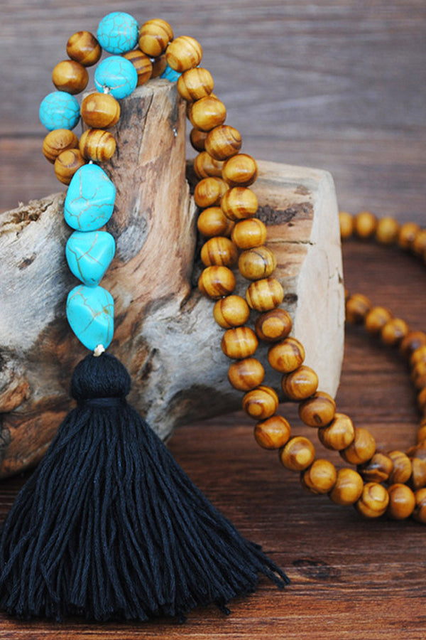 Handmade Wooden Beaded Tassel Sweater Chain - Black Turquoise