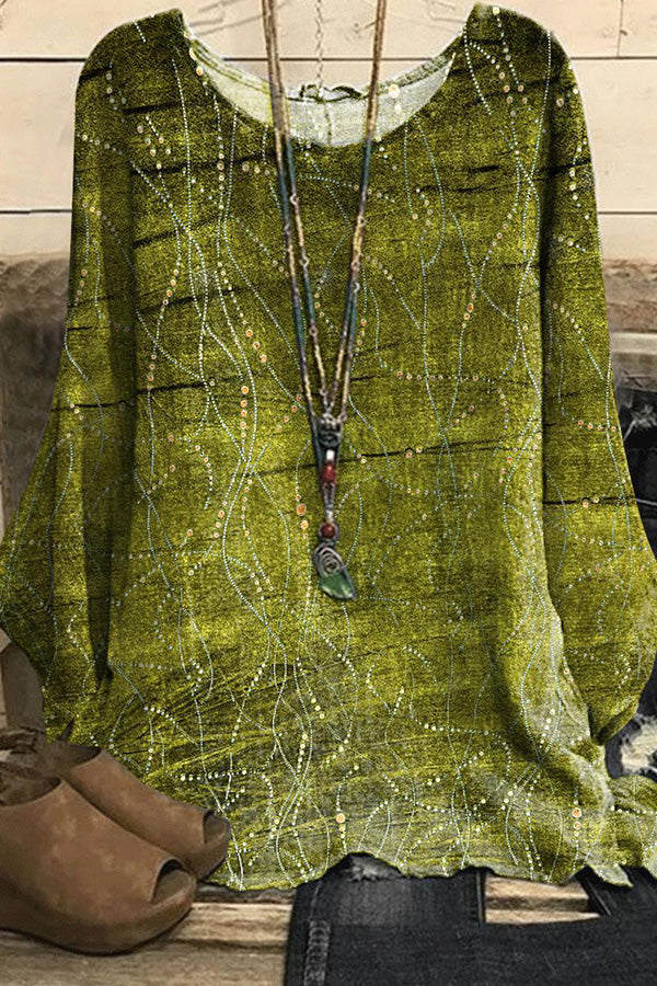 T-shirt à manches longues et col rond en soie imprimé numérique 3D pour femme