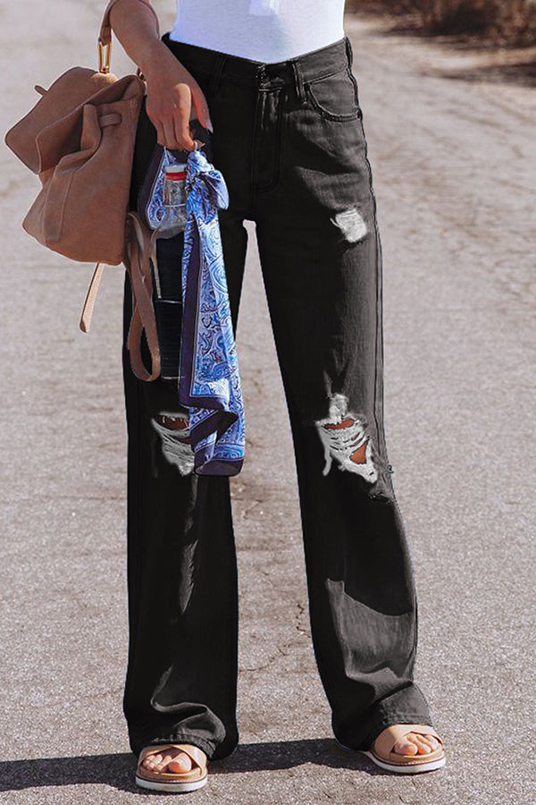 High Waist Denim Hose mit Löchern Washed