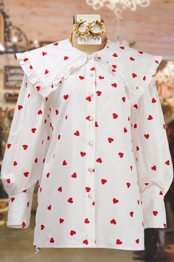Heart Print Doll Collar Lantern Sleeve Blouse