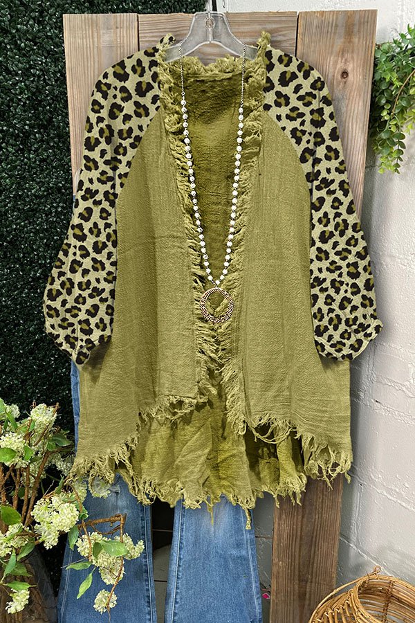 Leopard Print Paneled Frayed Casual Outerwear