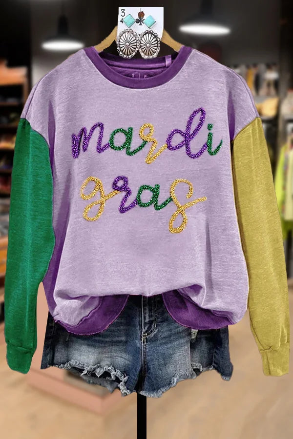 Color Block Mardi Gras Tisnel Crew Neck Sweatshirt