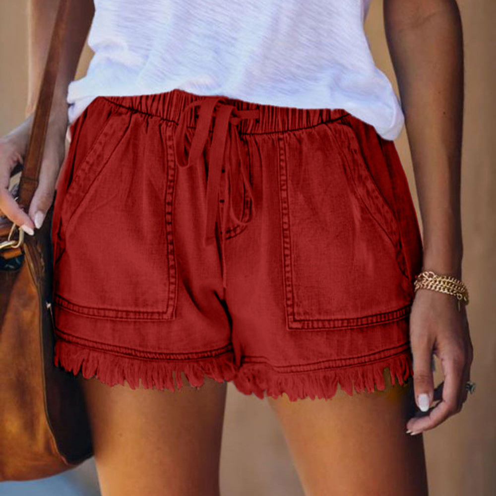 Lässige, dünne Jeansshorts für Damen mit elastischem Kordelzug und hoher Taille