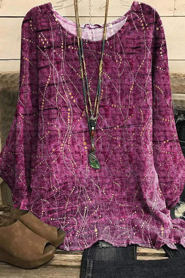 T-shirt à manches longues et col rond en soie imprimé numérique 3D pour femme