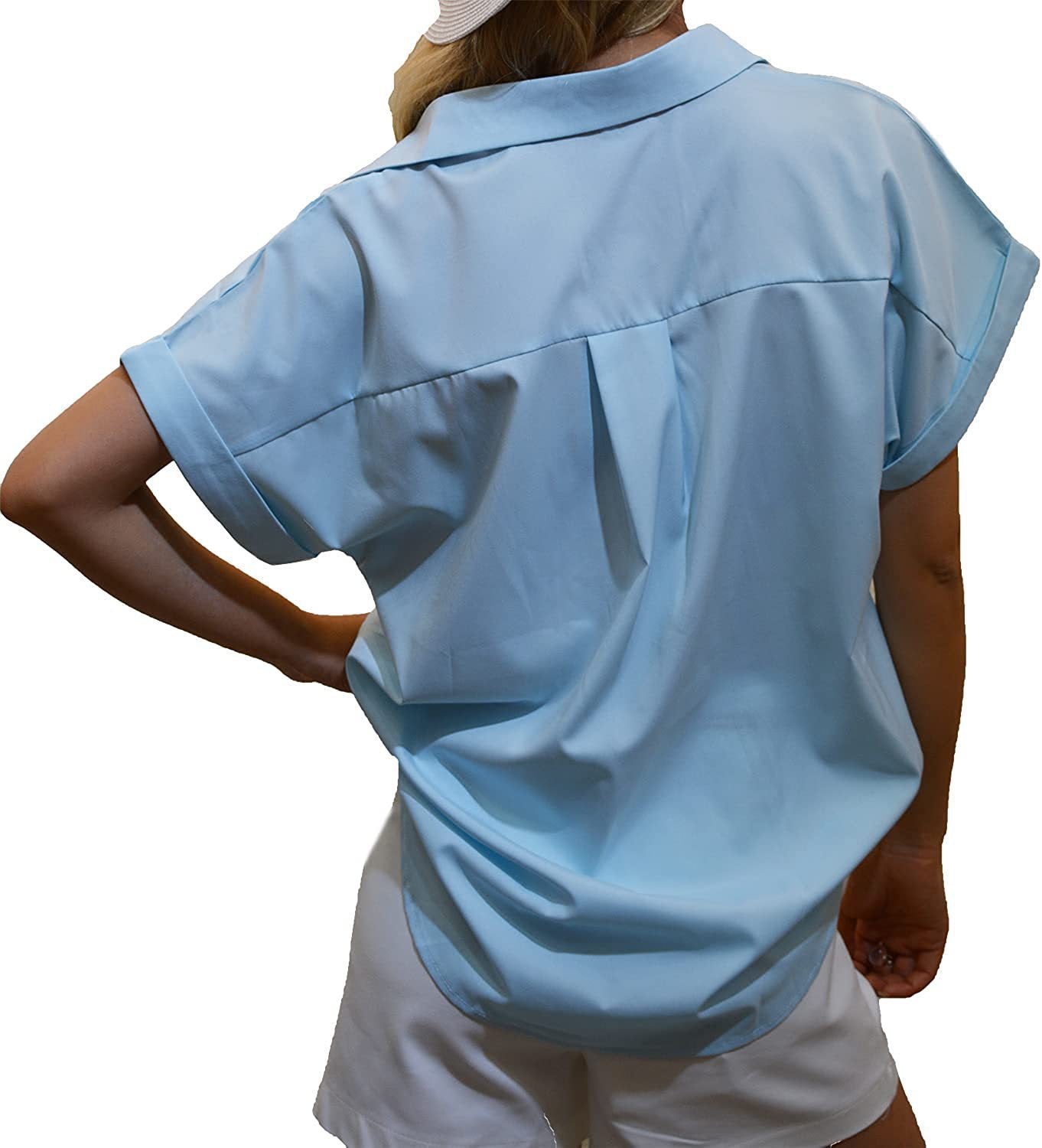 T-shirt à manches courtes et col en V pour femme, chemisier boutonné