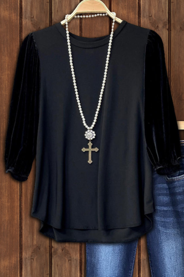 VELVET PATCHWORK RUCHED TOP IN BLACK