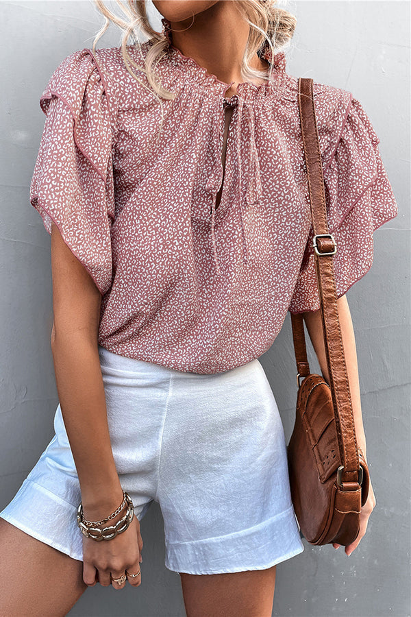 T-shirt décontracté à lacets et col en V pour femme, imprimé léopard