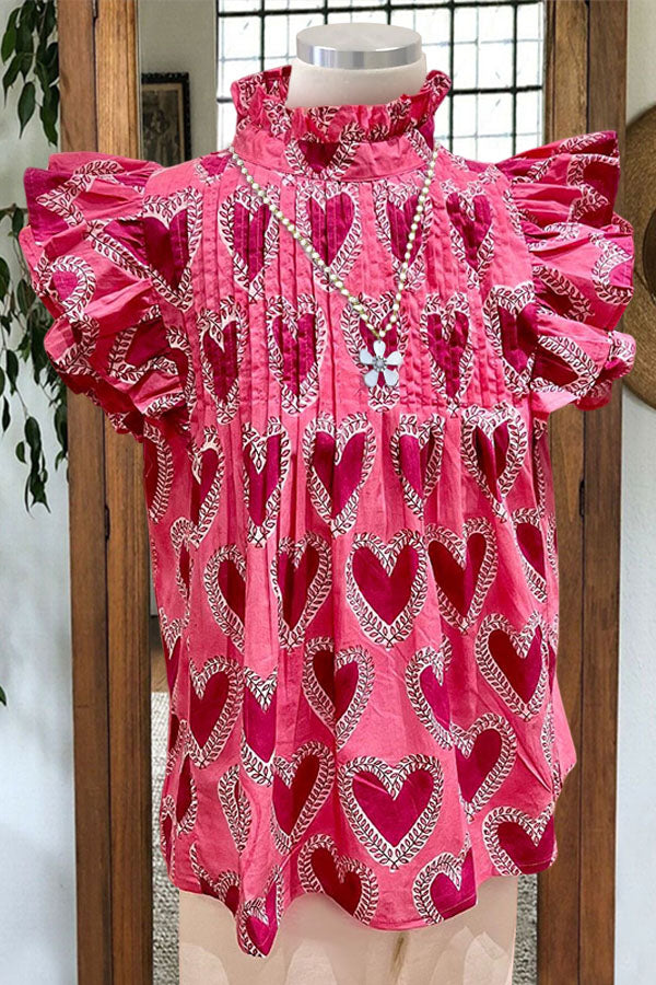 Heart Pleated Ruffle Sleeve Top