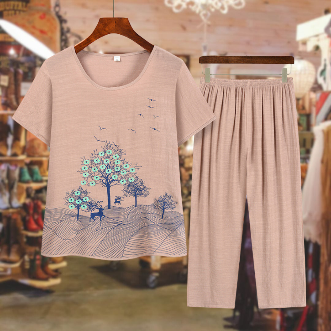 Summer new round neck printed short-sleeved suit