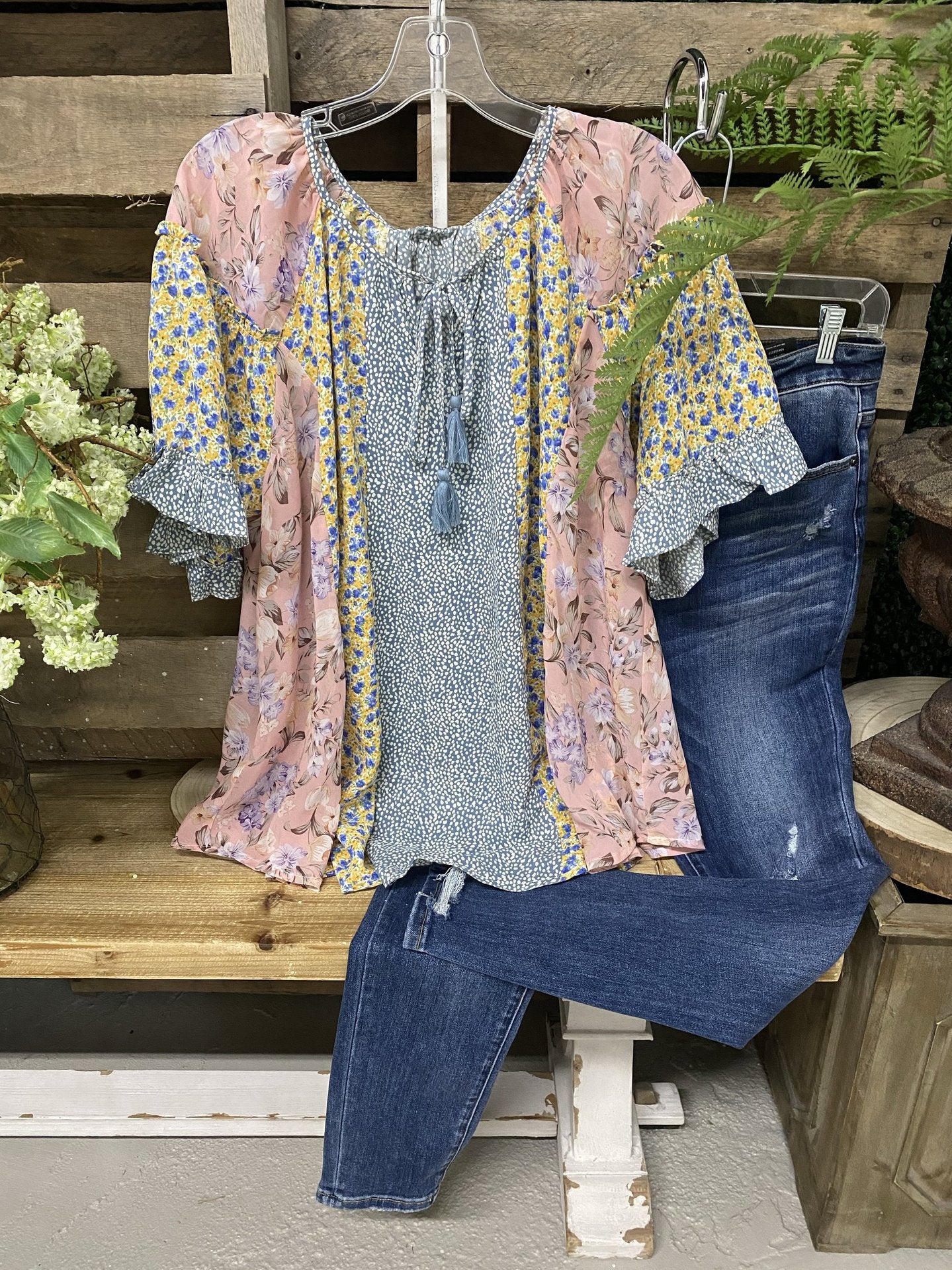 Floral Patchwork Pleated Fresh Bohemian T-Shirt