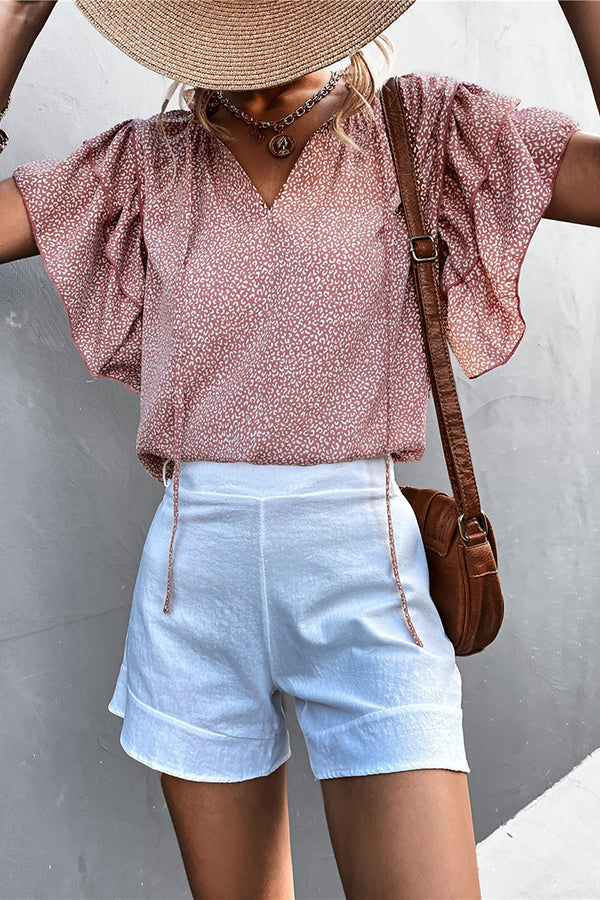 T-shirt décontracté à lacets et col en V pour femme, imprimé léopard