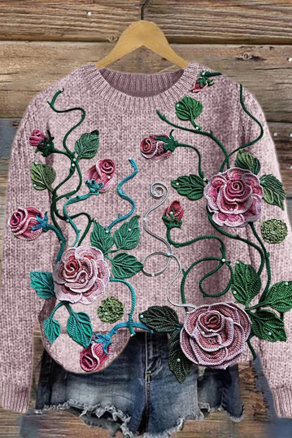 Classy Roses Vines Crochet Art Cozy Knit Sweater