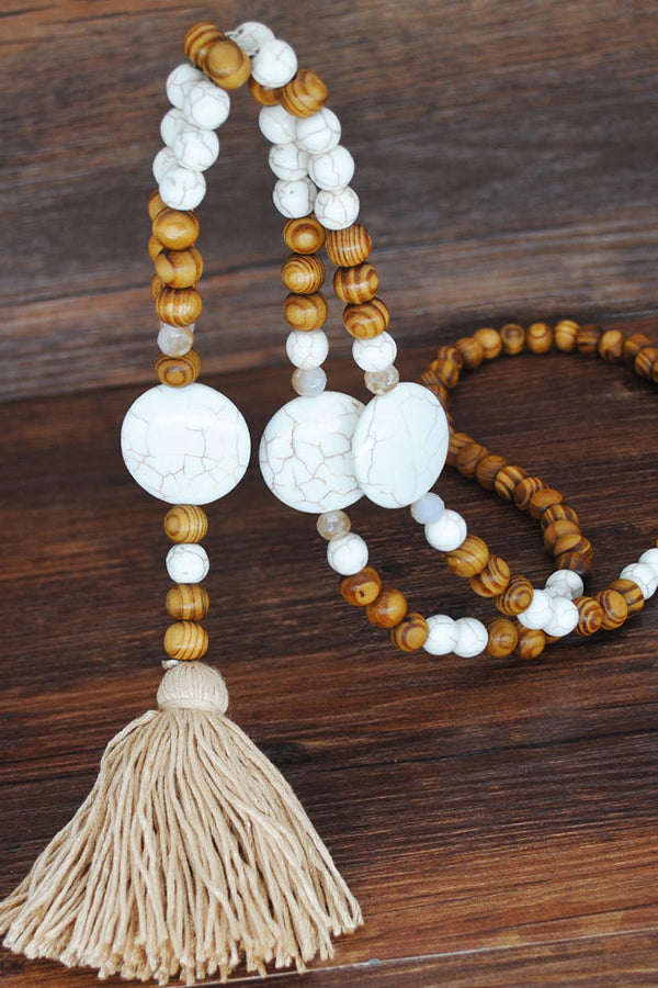 Handmade Wooden Beaded Tassel Sweater Chain - Brown Round