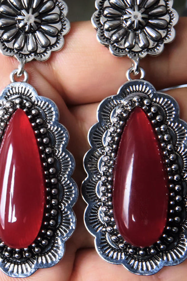 Vintage Inlaid Long Drop Shape Ruby Earrings