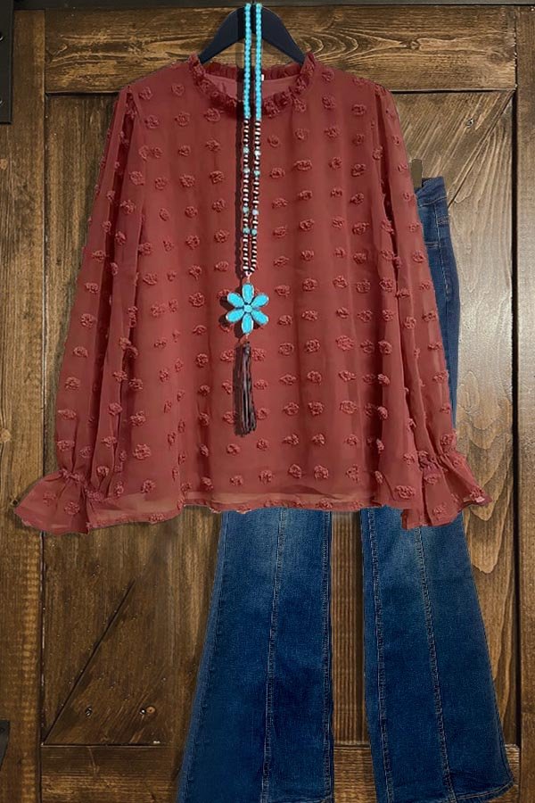 Langärmliges Oberteil aus Bubble-Chiffon mit Rüschenkragen