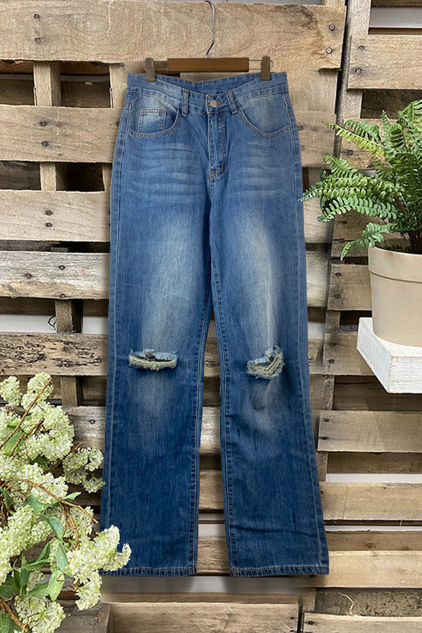 Distressed-Jeans mit hoher Taille und weitem Bein