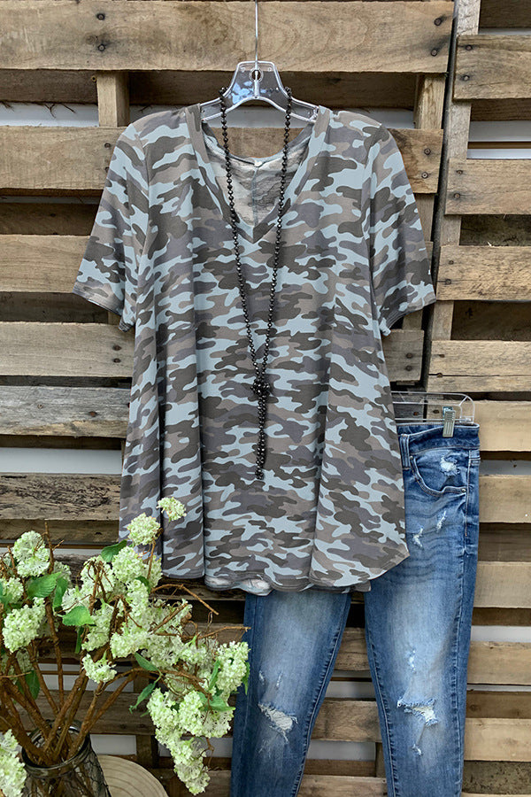 Printed Camouflage Crew Neck Short Sleeve