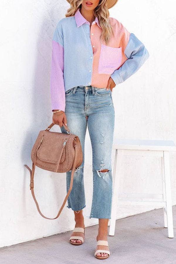 Chemise à manches longues et épaules tombantes à empiècements contrastés