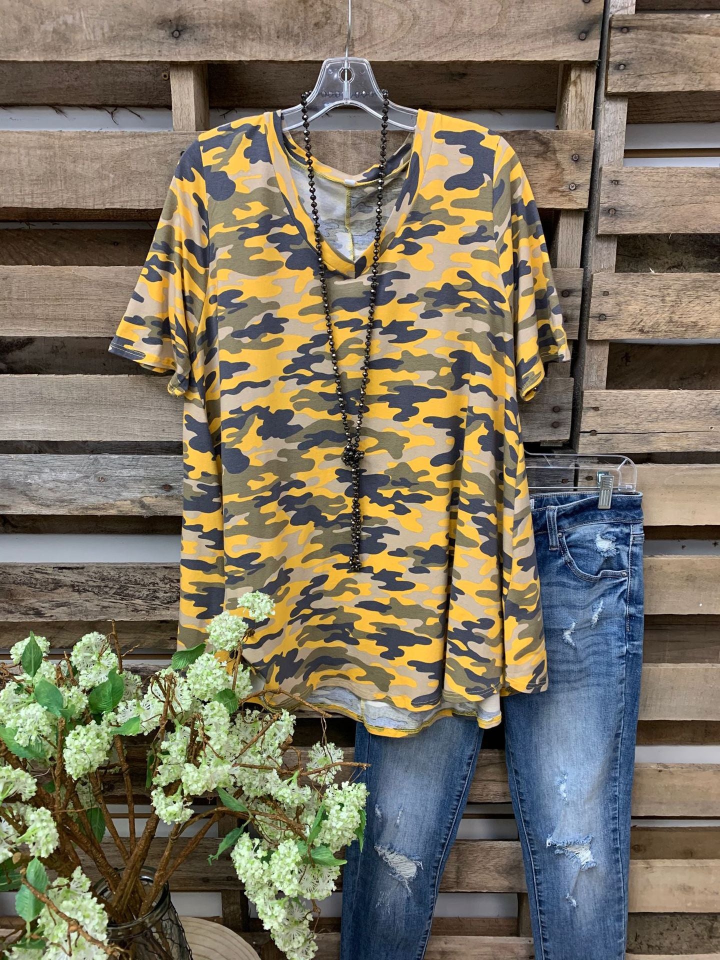 Printed Camouflage Crew Neck Short Sleeve