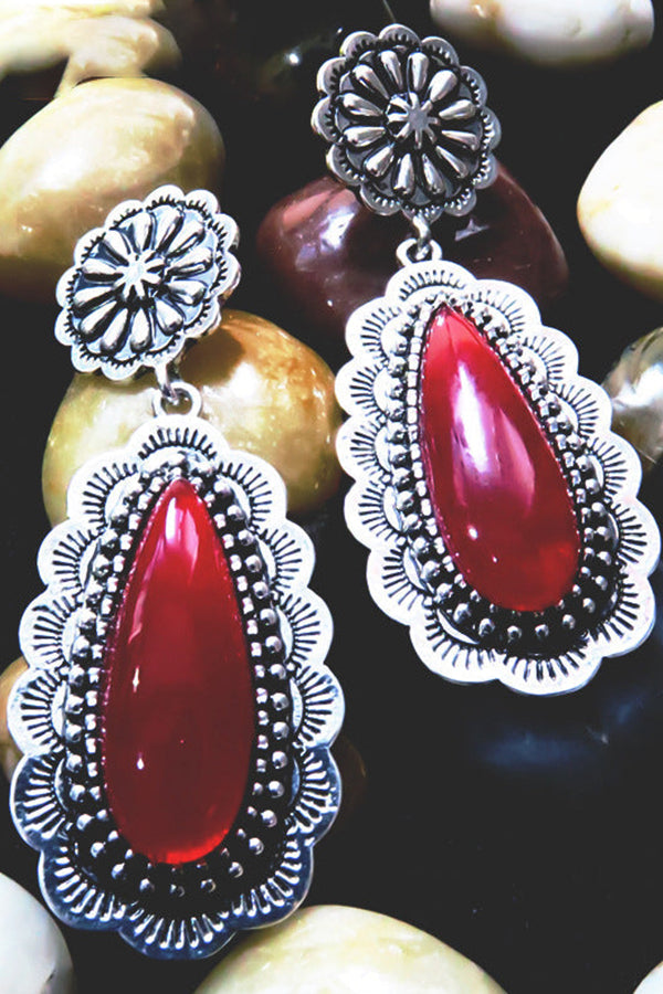 Vintage Inlaid Long Drop Shape Ruby Earrings