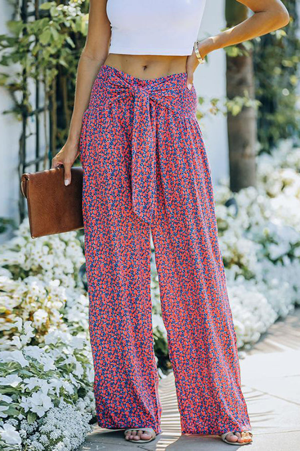 Bedruckte, lockere Hose mit weitem Bein und hoher Taille zum Schnüren