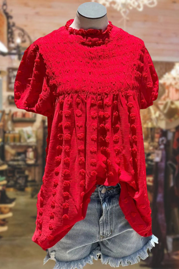 Smocked Swiss Polka Dot Frill Neck Top