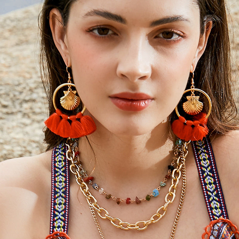 Shell Alloy Big Circle Tassel Earrings