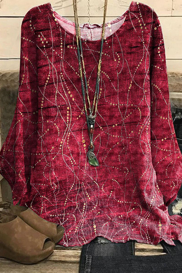 T-shirt à manches longues et col rond en soie imprimé numérique 3D pour femme