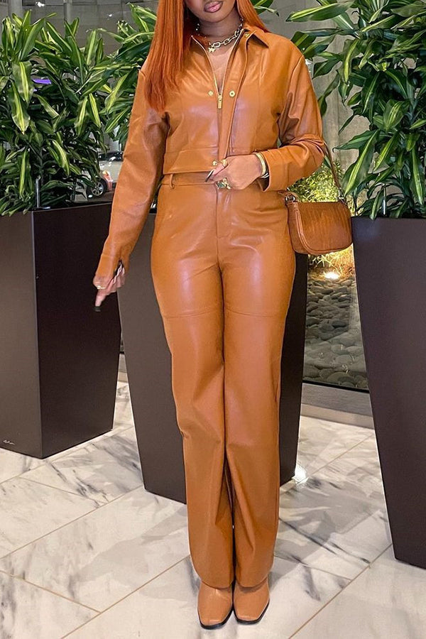 Fashion Lapel Zipper Artificial PU Solid Color Pant Suits