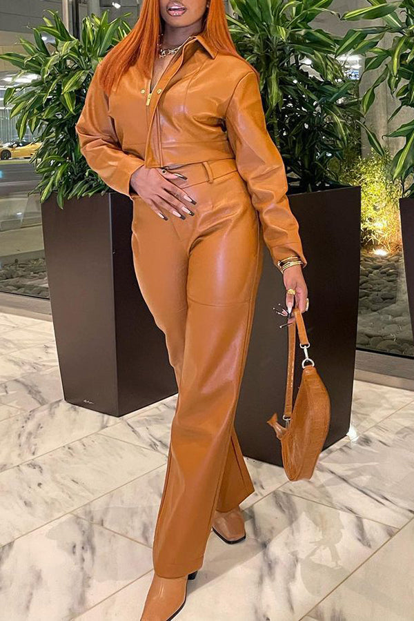 Fashion Lapel Zipper Artificial PU Solid Color Pant Suits