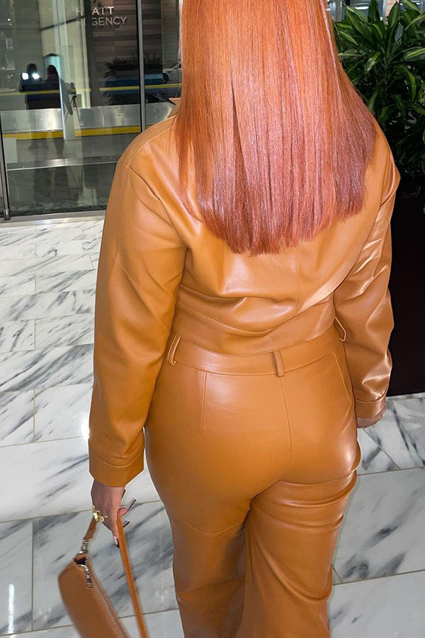 Fashion Lapel Zipper Artificial PU Solid Color Pant Suits