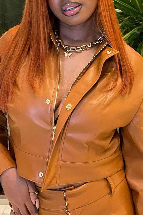 Fashion Lapel Zipper Artificial PU Solid Color Pant Suits