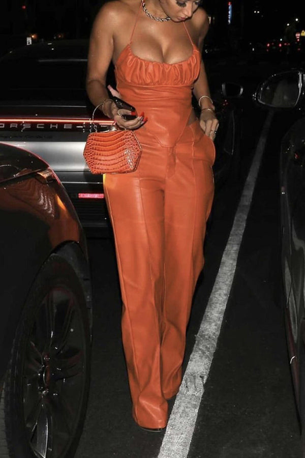 Ensemble haut froncé dos nu sexy et pantalon en cuir à poches