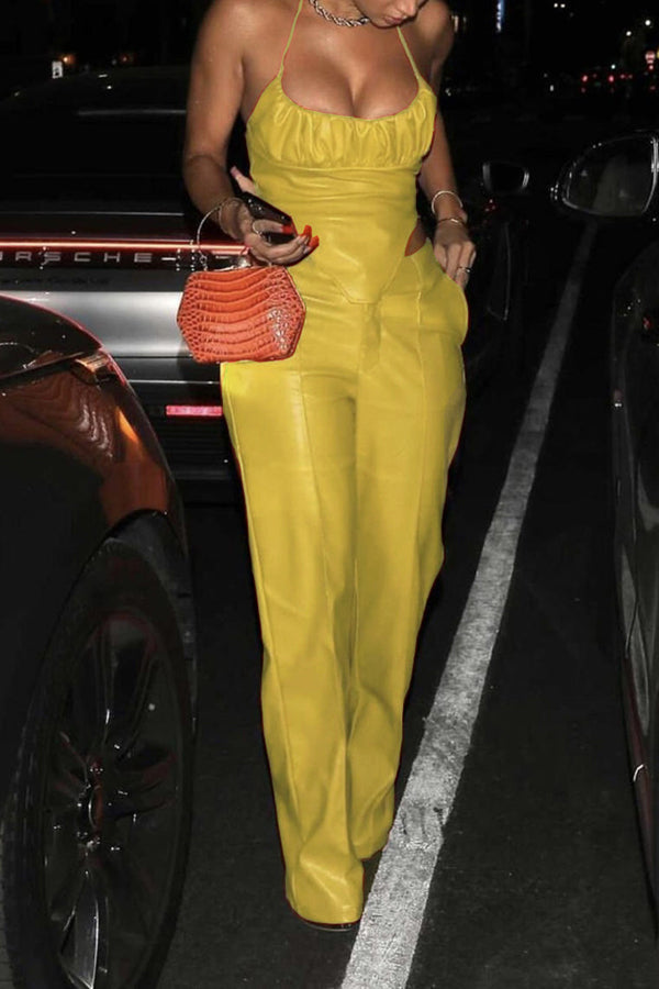 Ensemble haut froncé dos nu sexy et pantalon en cuir à poches