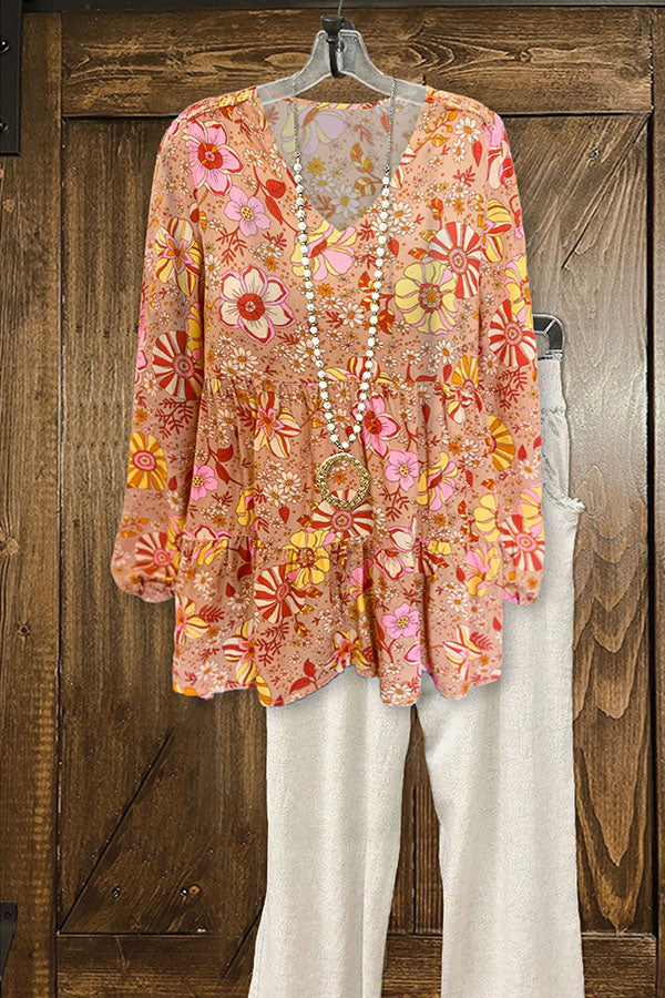Haut à volants et col en V à imprimé floral vintage