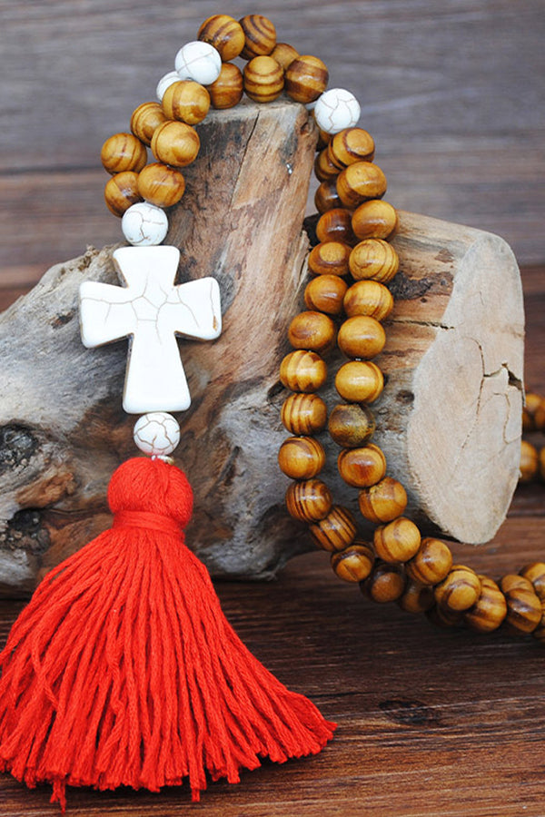 Handmade Wooden Beaded Tassel Sweater Chain - Red Cross