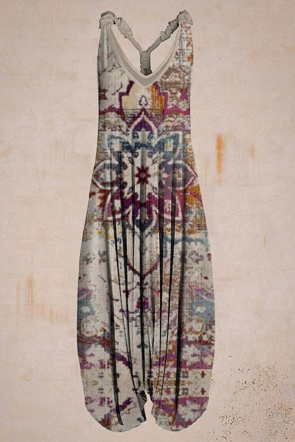 Damen Sommer Retro & Blumendruck Ärmelloser Haremsoverall