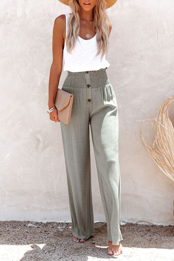 LINEN BLEND HIGH RISE SMOCKED PANTS