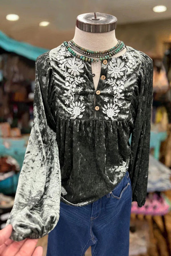 Vintage Floral Print Velvet Top