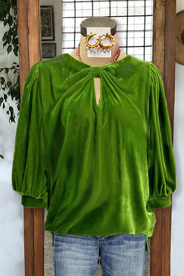 Velvet Neckline Knotted Puff Sleeve Top