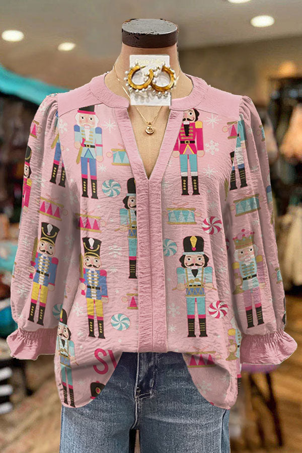 Haut à manches bouffantes et col en V imprimé Casse-Noisette