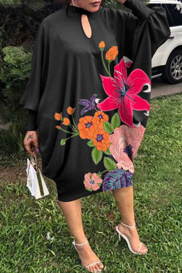 Robe à imprimé tendance, col roulé, manches longues, grande taille