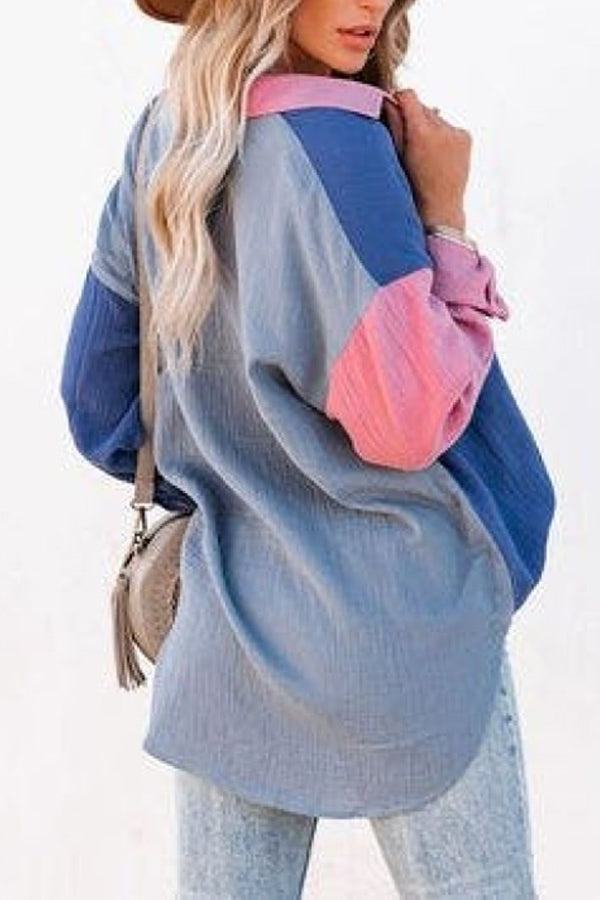 Chemise à manches longues et épaules tombantes à empiècements contrastés