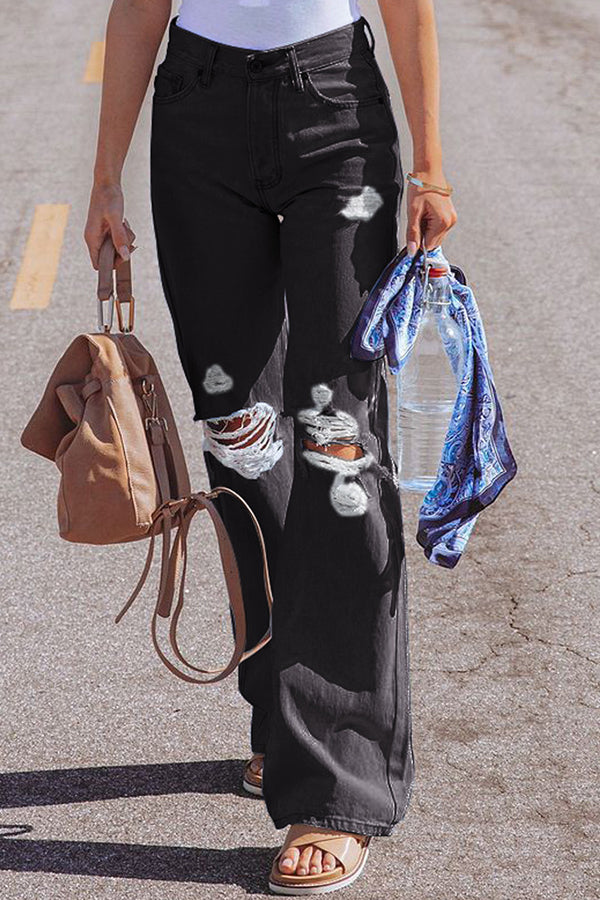 High Waist Denim Hose mit Löchern Washed
