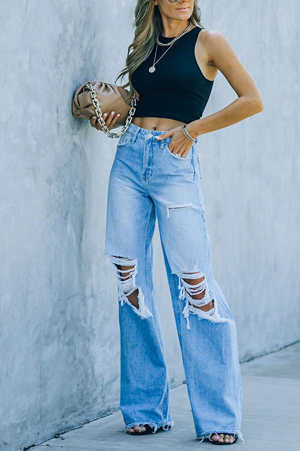 Neue lässige Jeanshose mit weitem Bein und Löchern