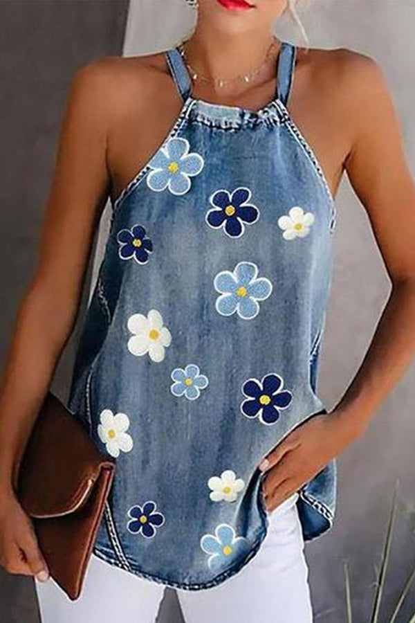 Camisole ample en jean à imprimé marguerites et col licou