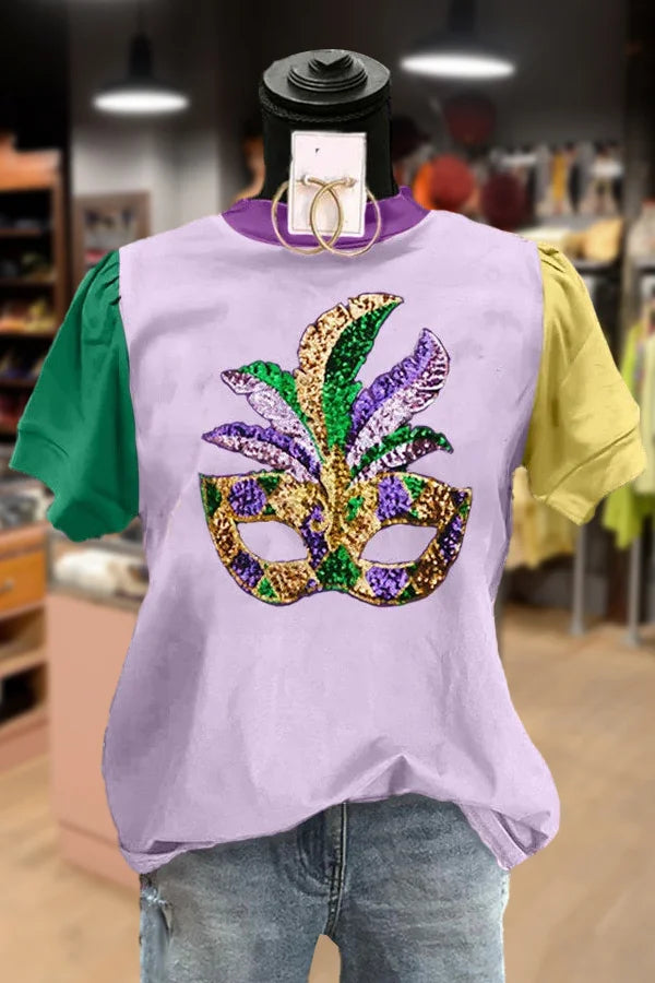 Color Block Sequin Mardi Gras T-Shirt
