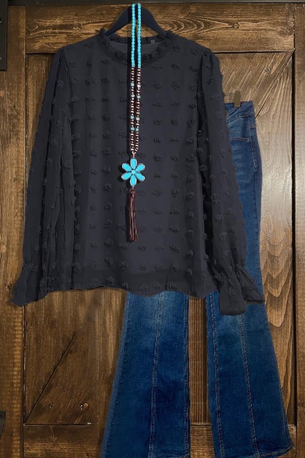 Langärmliges Oberteil aus Bubble-Chiffon mit Rüschenkragen